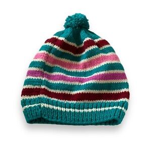 Handmade Hat Striped Beanie Toque Blue Pink White Burgundy Purple Pom Pom Womens
